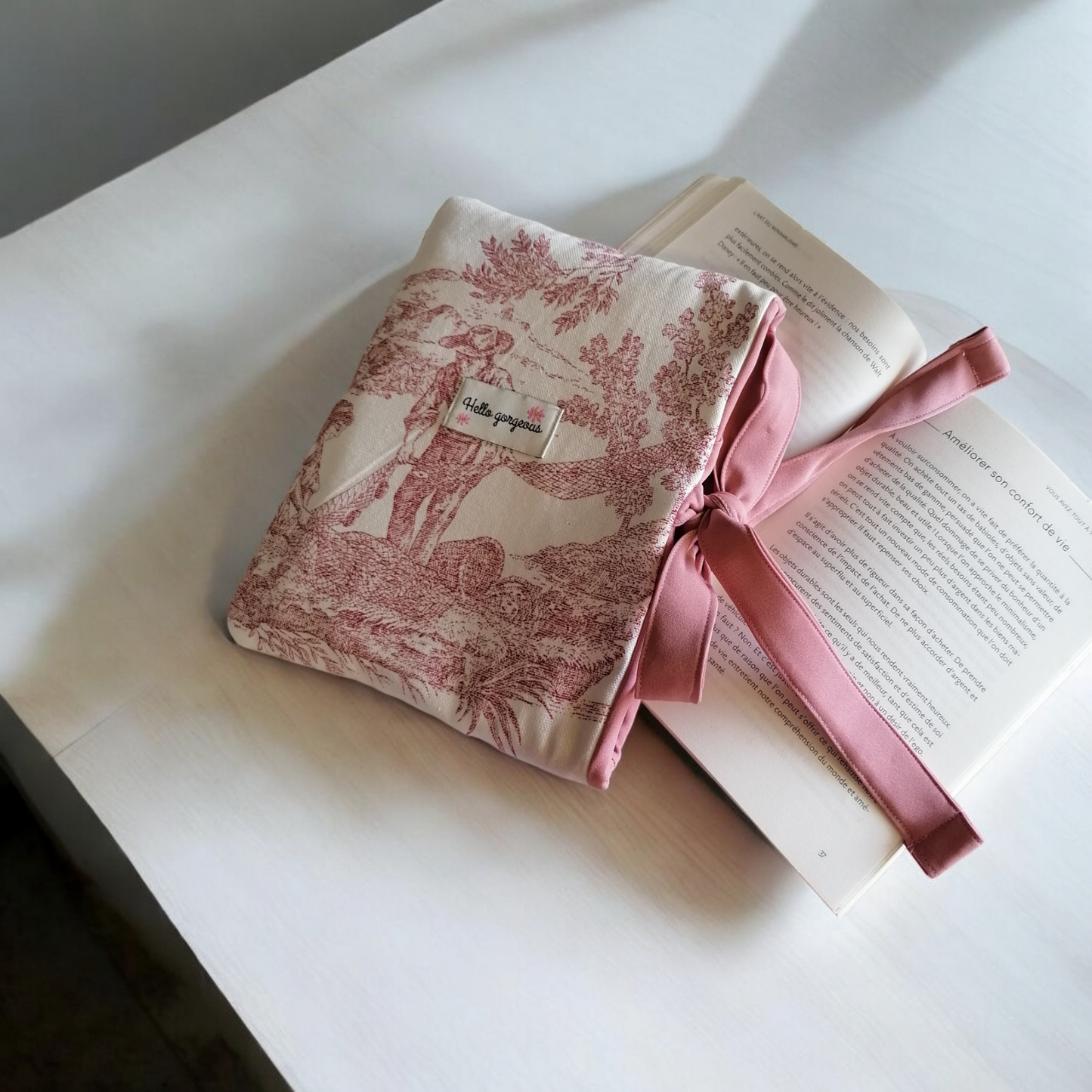 Pochette à livre toile de jouy rose