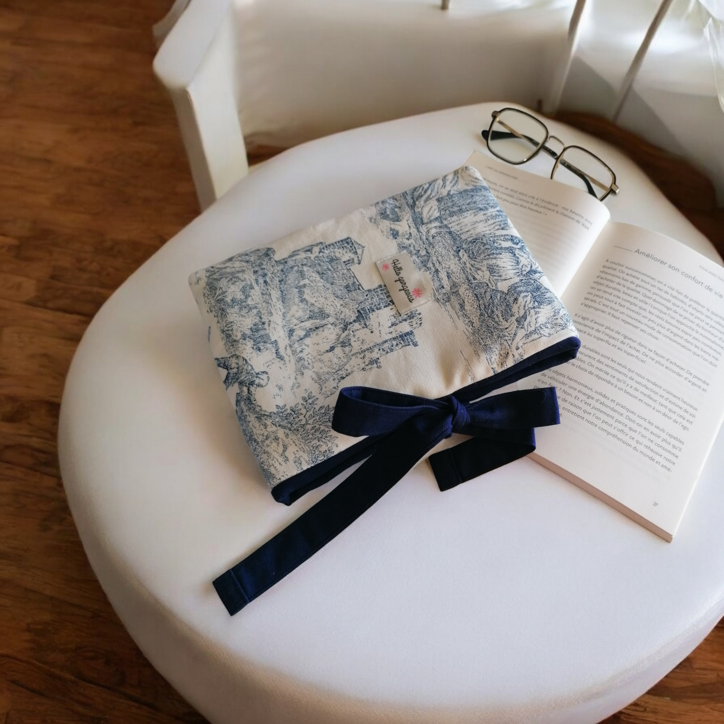 Pochette livre toile de jouy bleu